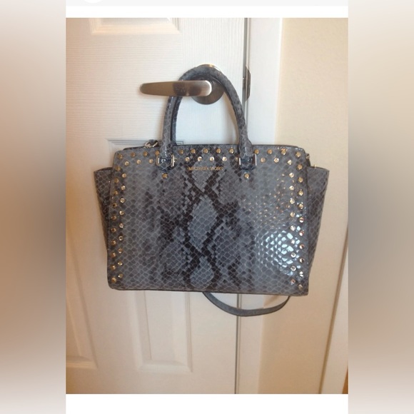 Pre-loved MICHAEL by Michael Kors 'Selma' Snake Embossed Jeweled Satchel - Denim - Picture 4 of 7